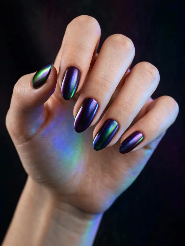 Demon hunters chrome nails with aurora purple blue color shift