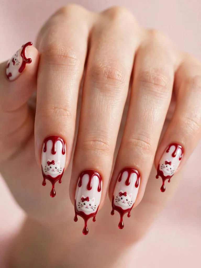 White Halloween nails with deep cherry drips and a cat face below