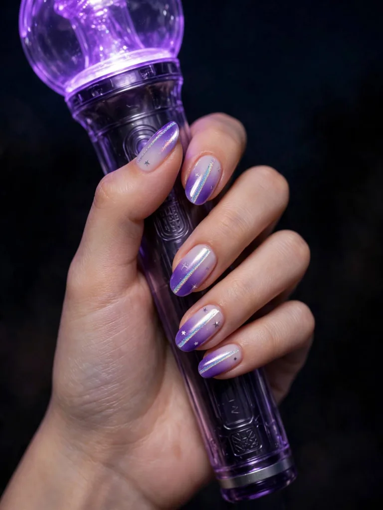 Lavender nails with pale reflective streaks beside a purple lightstick