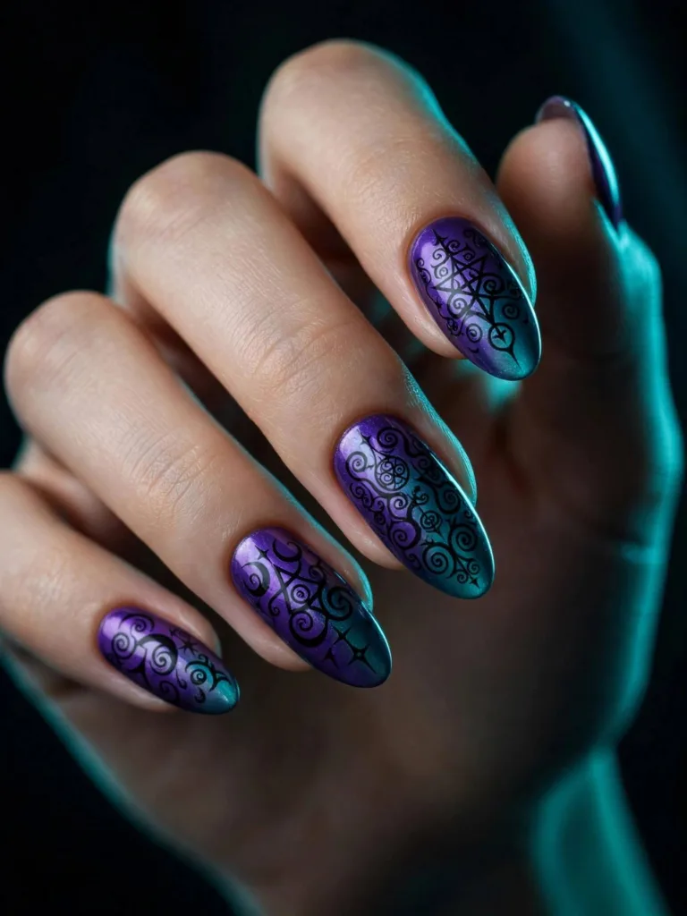 Black nails with color shifting demon mark swirls
