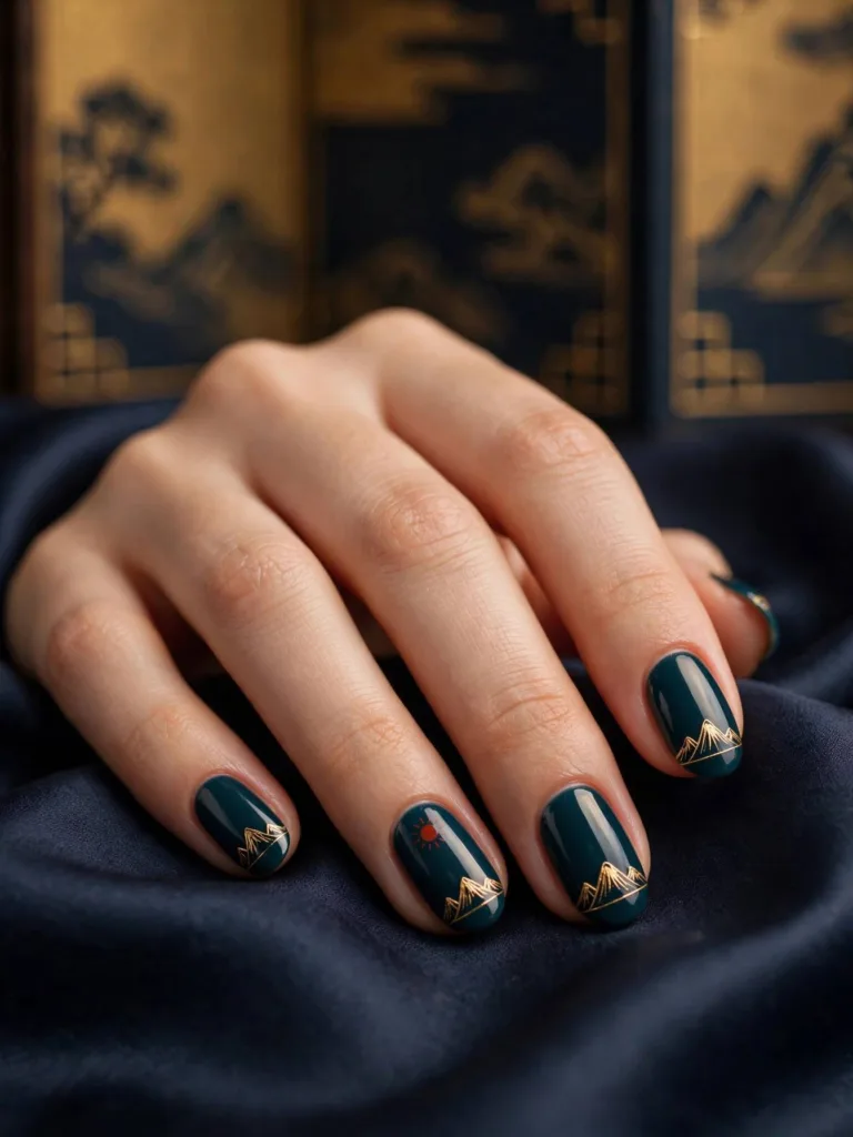 Nails with Korean five peaks mountain art in gold and blue