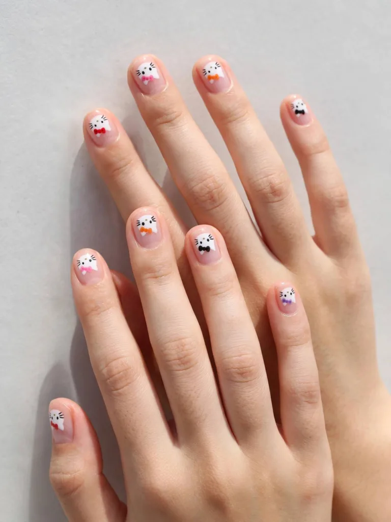 Short Halloween nails with tiny white cat faces and rotating bow colors