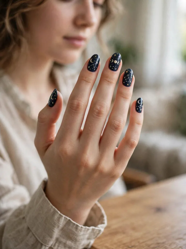 Pre-painted celestial press-on nails with moons and nebula art