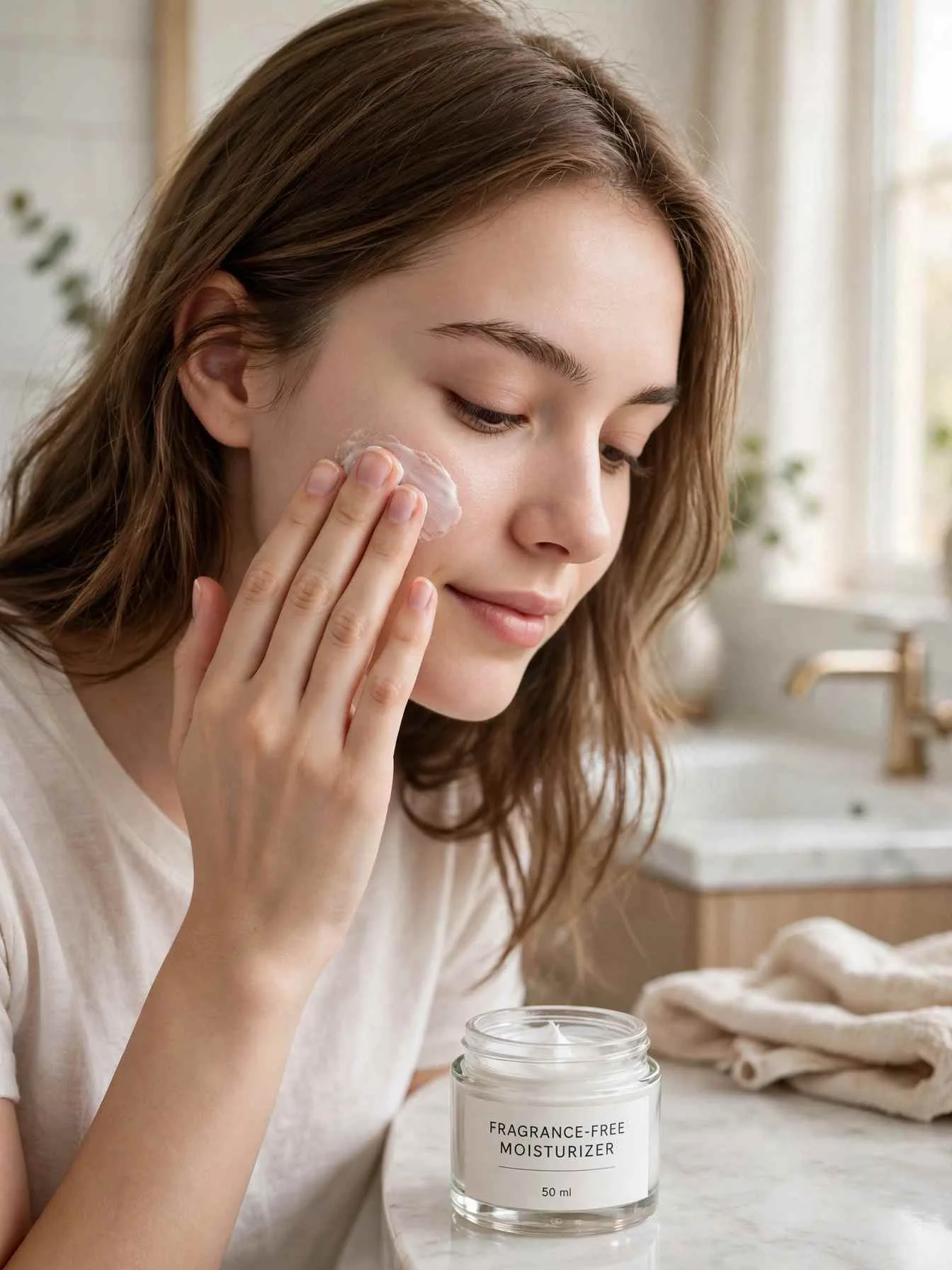 Patting fragrance-free moisturizer onto the cheek in calm morning light
