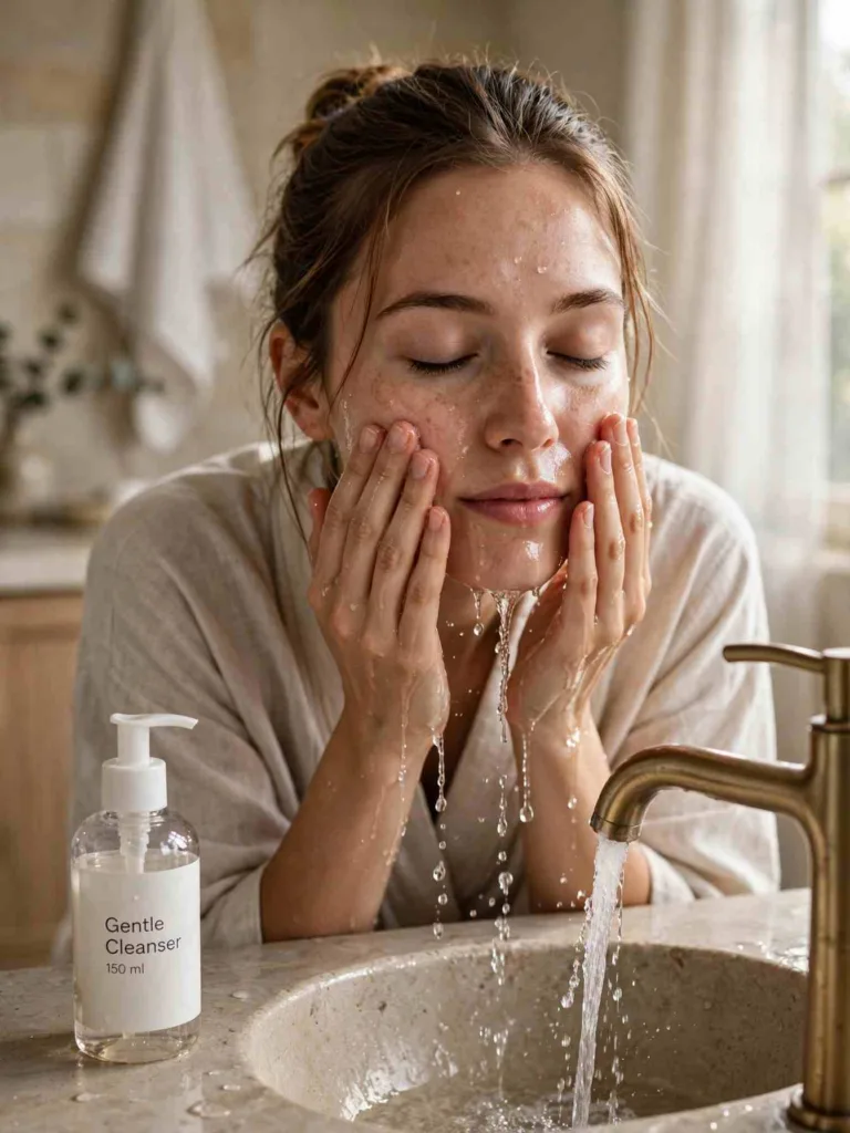 Woman washing her face gently with lukewarm water at a bathroom sink, a labeled Gentle Cleanser 150 ml pump bottle beside the tap