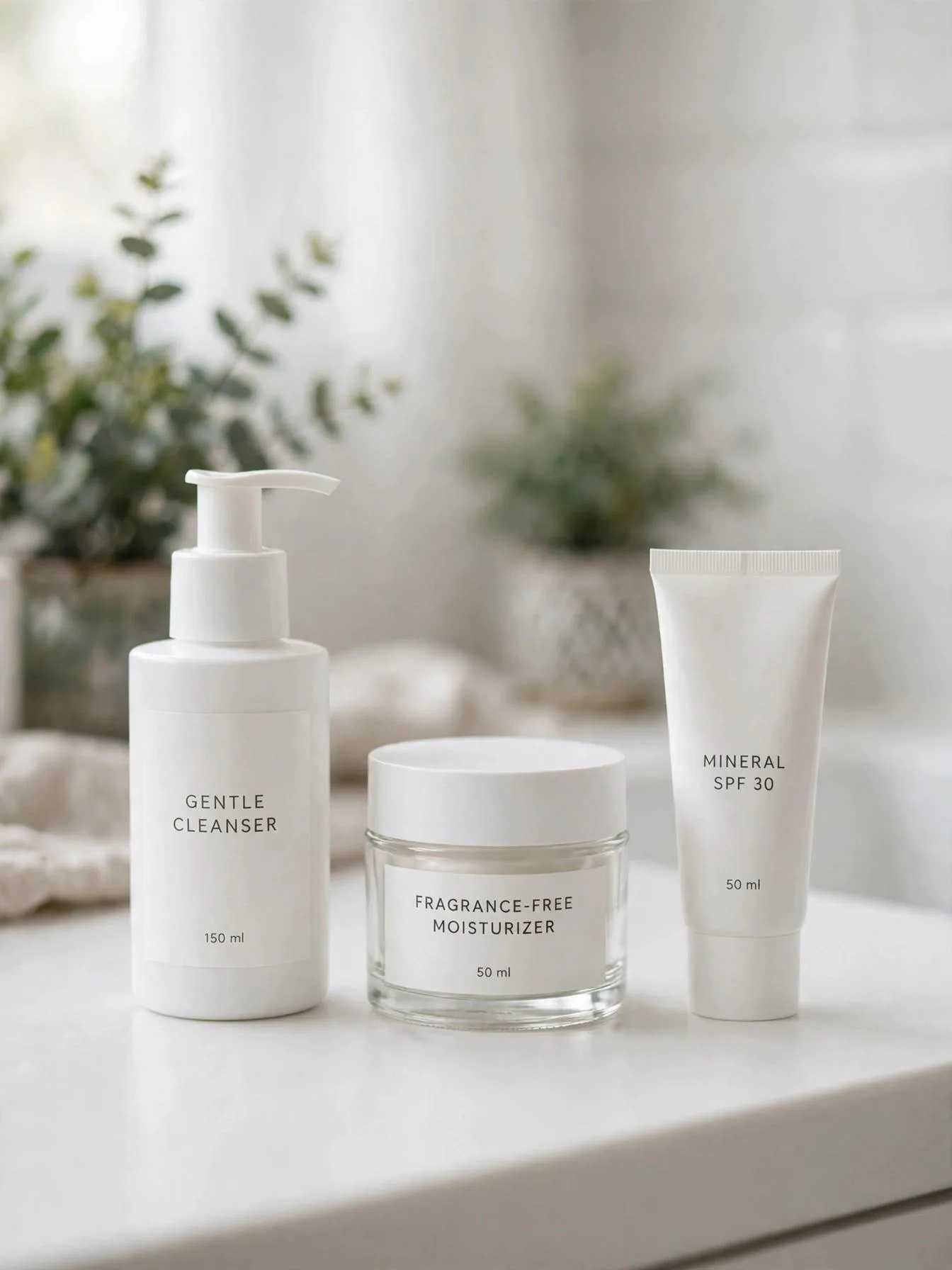 Gentle cleanser, fragrance-free moisturizer and mineral SPF 30 lined up on a bathroom counter
