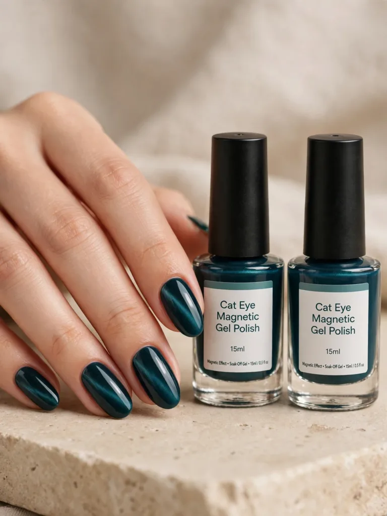 Hand with teal cat eye nails beside two labeled magnetic gel polish bottles