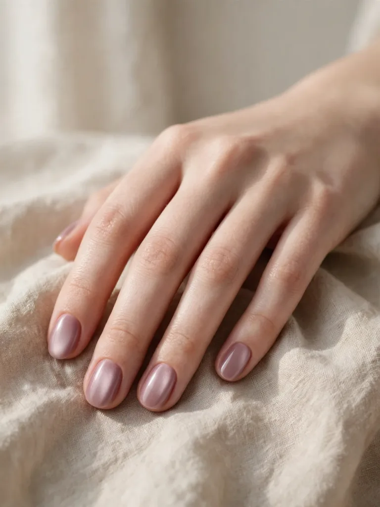 Soft mauve velvet cat eye nails with a diffused glow resting on beige linen