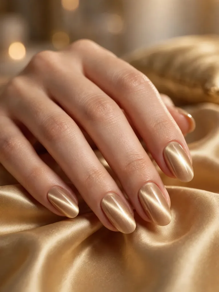 Champagne gold cat eye nails with a bright magnetic beam resting on gold satin