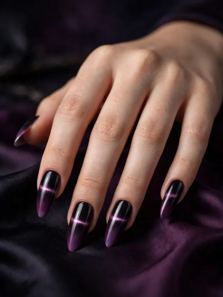 Black-to-plum ombre cat eye nails with a magnetic stripe across the gradient