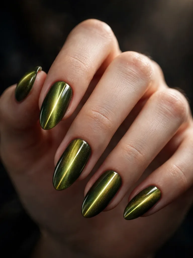 Green-gold cat eye nails with a thin vertical feline slit stripe