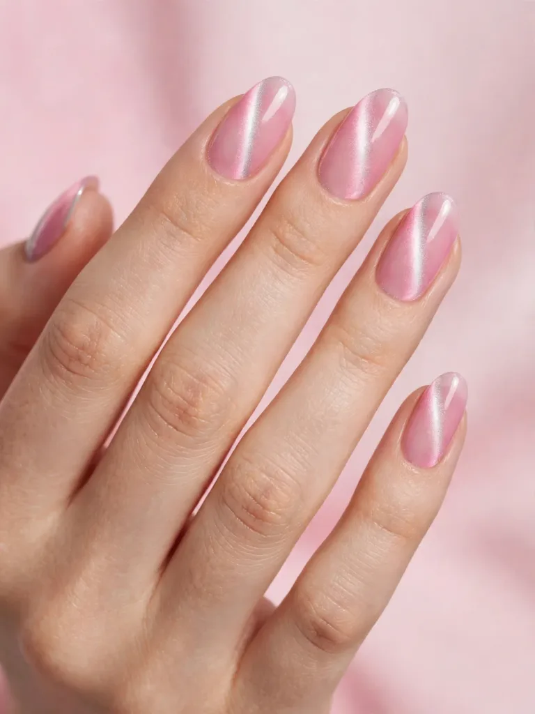 Pink aura cat eye nails with a silver magnetic stripe over a soft pink halo