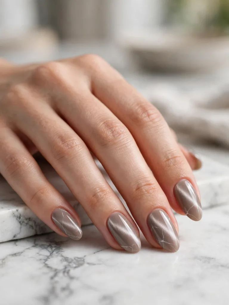 Taupe cat eye nails with fine white marble veining over a magnetic shimmer