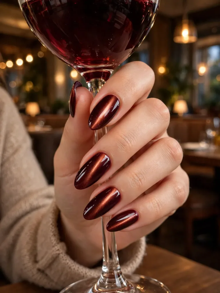 Burgundy wine cat eye nails with a copper stripe, hand holding a wine glass stem