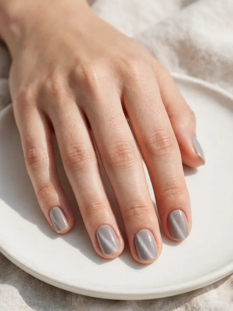 Short neutral gray cat eye nails with one fine centered magnetic stripe