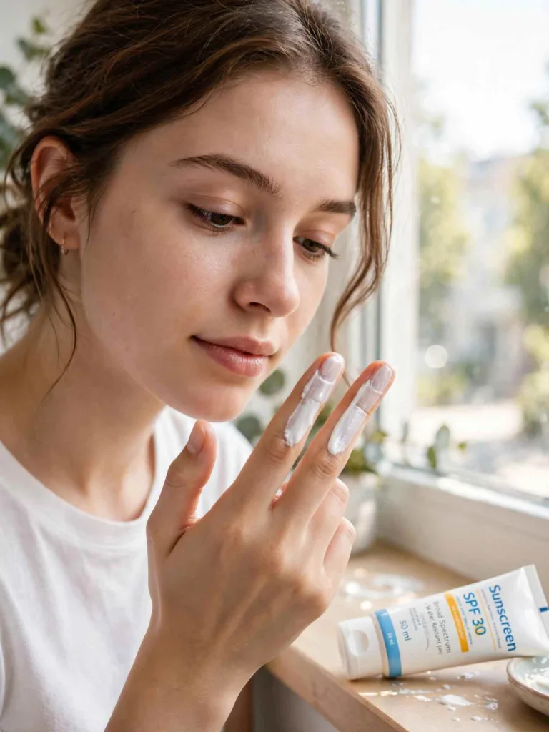 Woman applying sunscreen with two finger lengths of cream near a bright window, a labeled Sunscreen SPF 30 50 ml tube on the windowsill