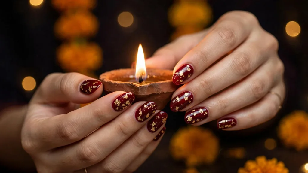 Woman's hands with deep red nails and gold foil flakes holding a lit clay diya for Diwali