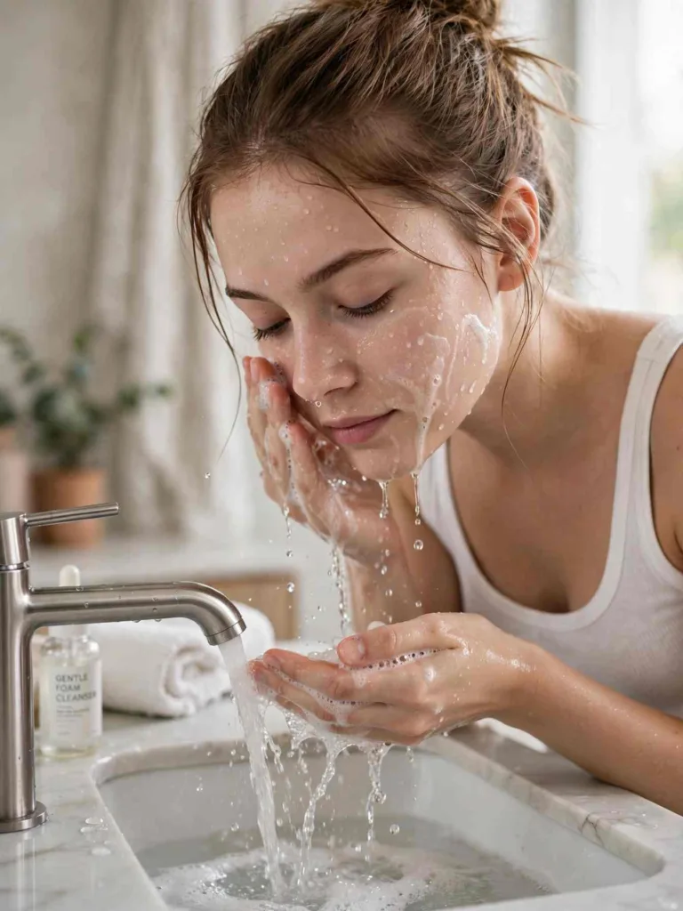 Woman rinsing a water-based foaming cleanser during the second step of double cleansing