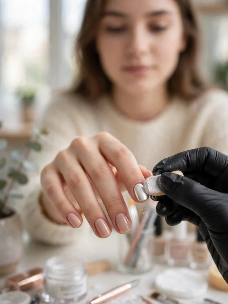 Nail technician applying pearl chrome powder for a glazed donut nails manicure