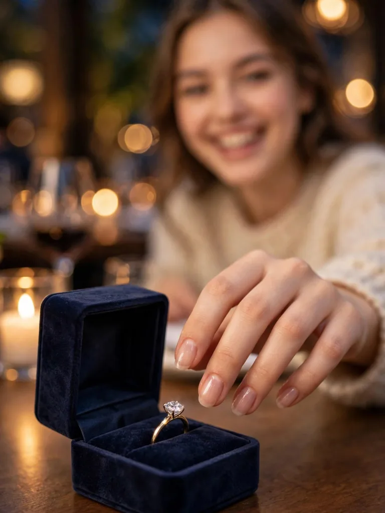 Woman reaching for a diamond engagement ring in a velvet box, sheer nude nails