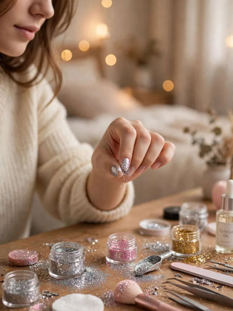 DIY silver glitter disco nails: hand sprinkling glitter over a home vanity with glitter pots