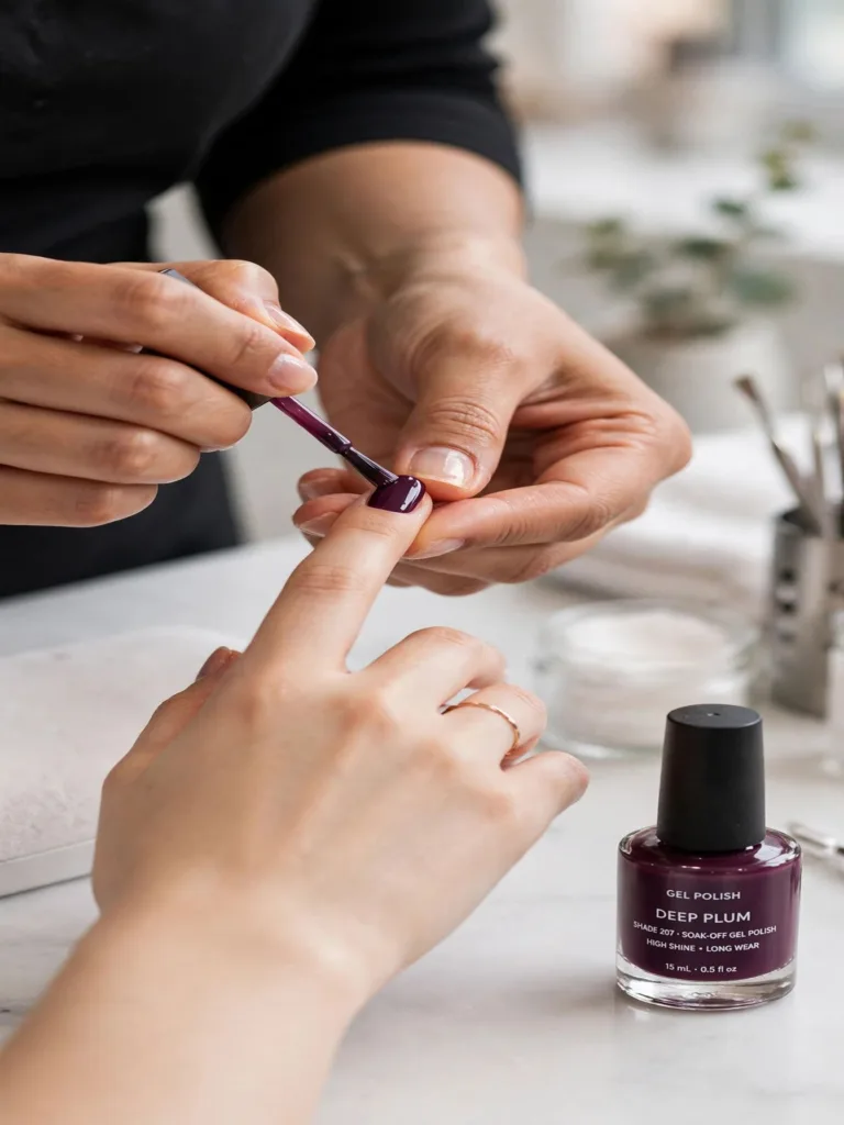 Nail tech applying deep plum gel polish in a salon