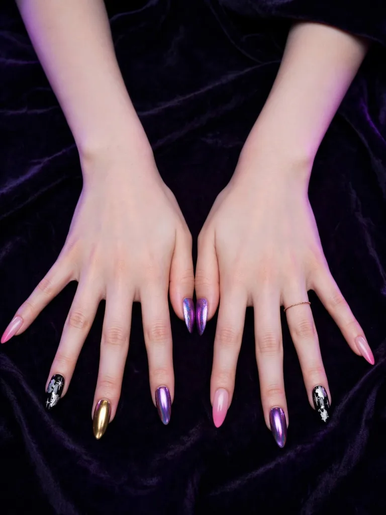 Lineup of kpop demon hunters nails in purple chrome, gold and black on almond nails