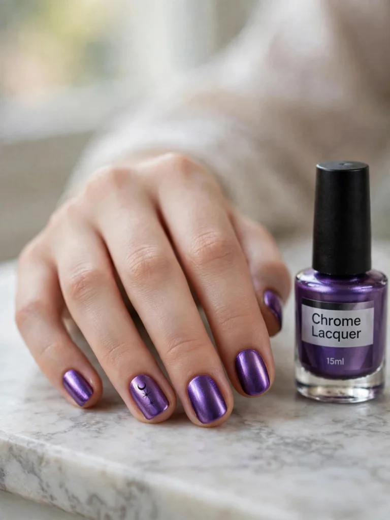 Short kpop demon hunters nails with purple chrome on natural nails