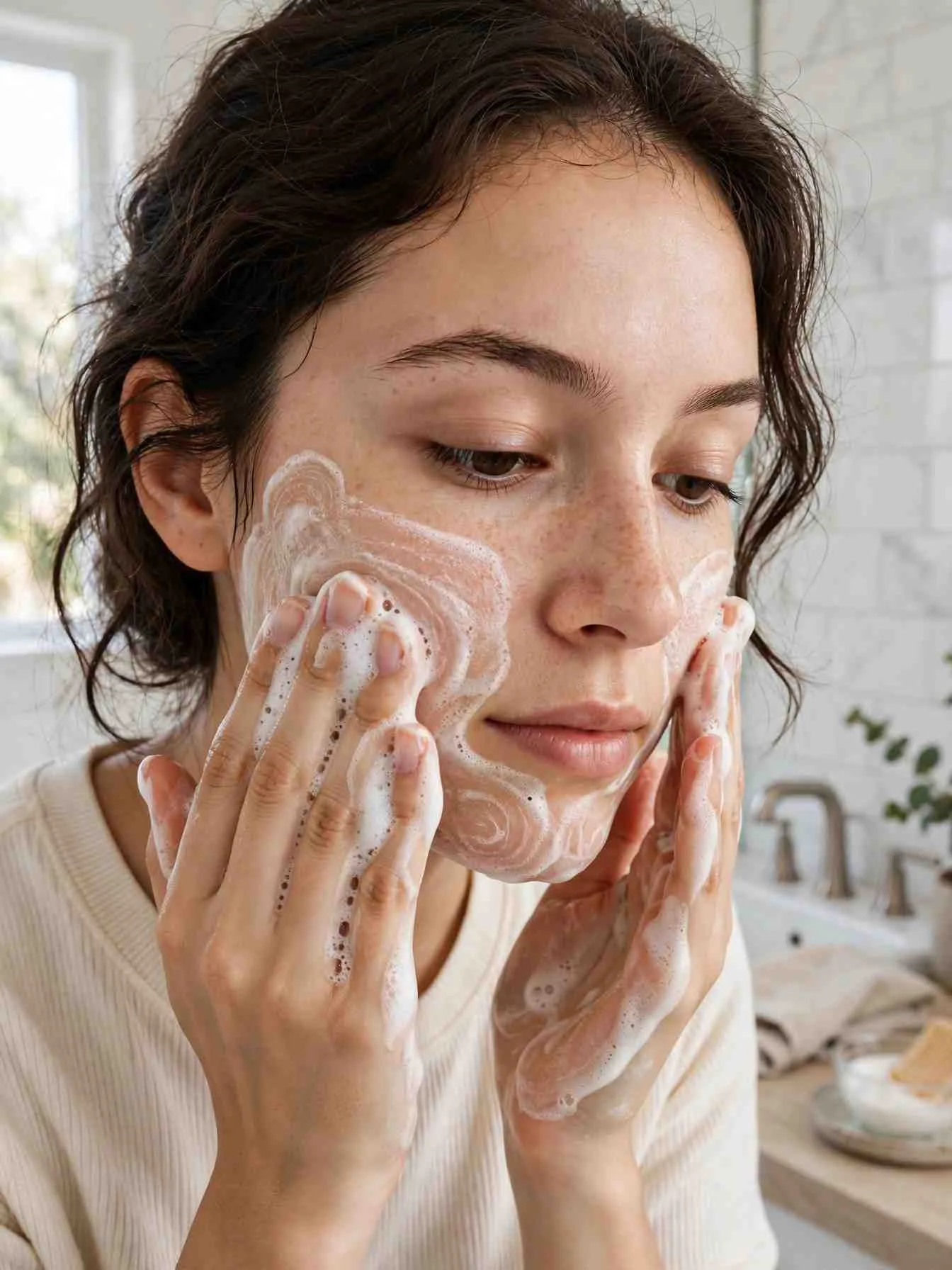 Woman massaging gentle cleanser foam over her face in small circular motions with her fingertips