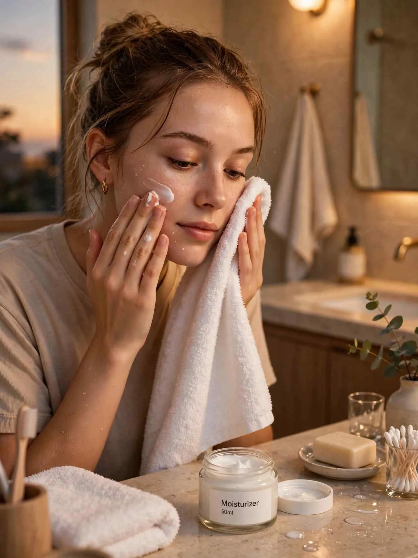 Woman patting her face dry with a clean soft towel beside a labeled moisturizer jar