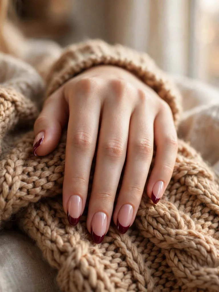 Close-up of burgundy French tip nails on a camel knit sweater