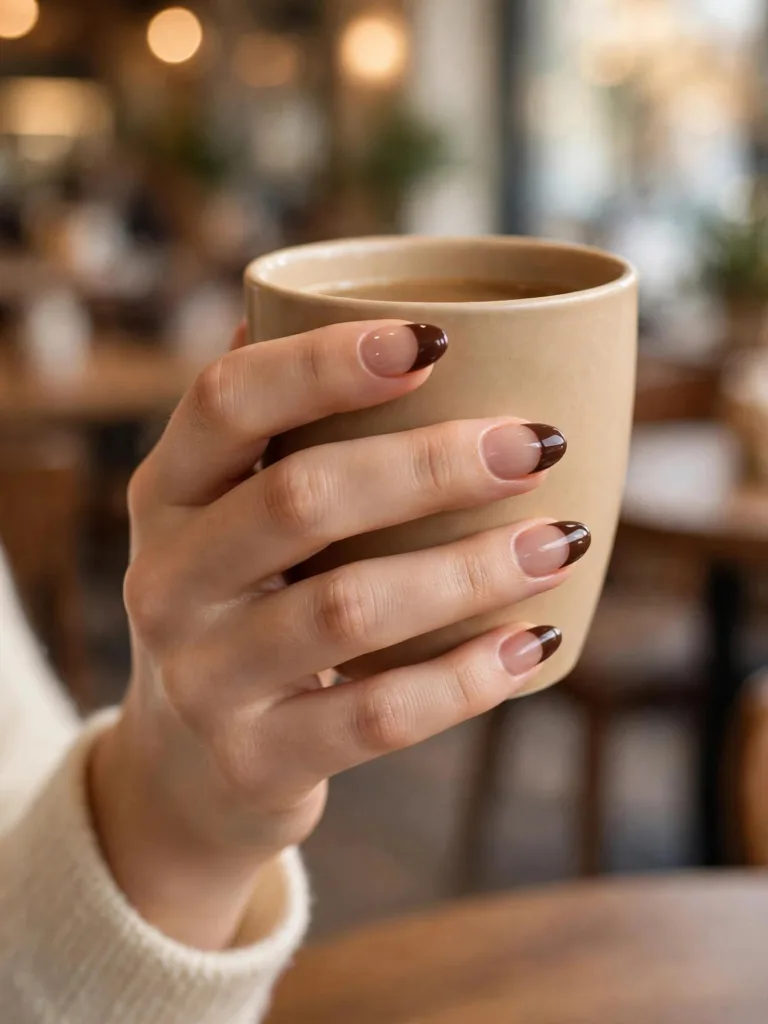 Chocolate French tip nails holding a ceramic coffee cup