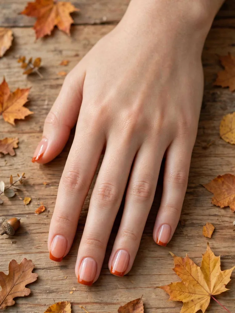 Burnt orange French tip nails on a wooden table with autumn leaves