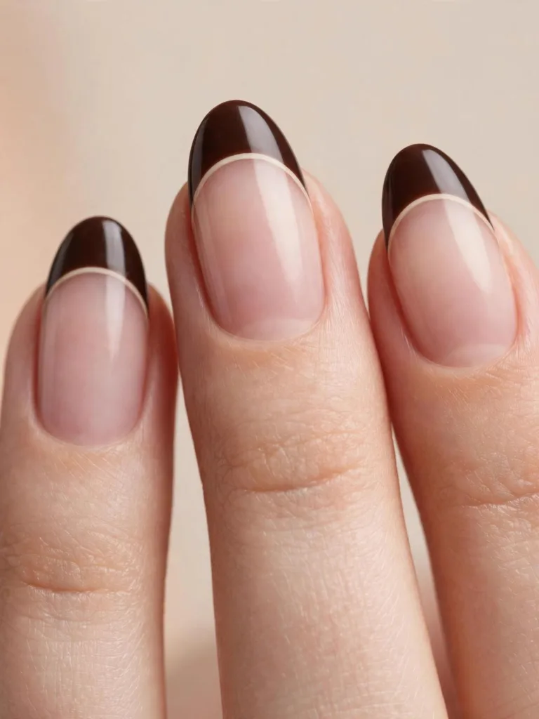 Macro view of espresso double French tips with a thin cream outline