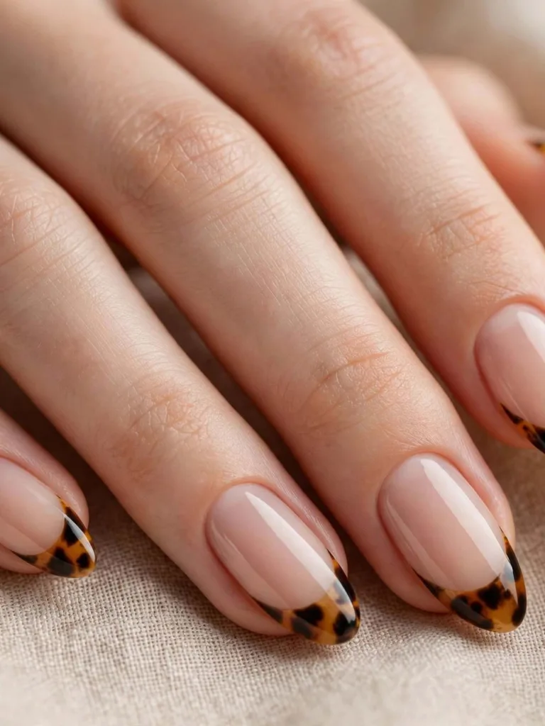 Extreme macro of glossy tortoiseshell French tip nails in amber, caramel, and deep brown on a sheer nude almond base