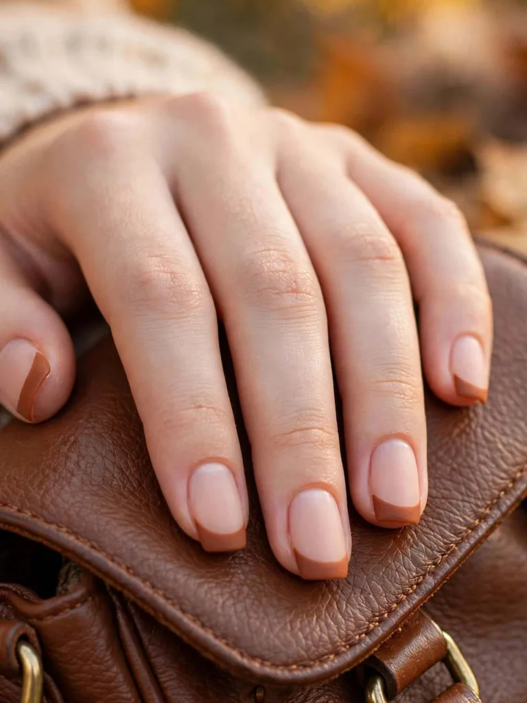 Matte cinnamon-brown French tip nails resting on a brown leather handbag