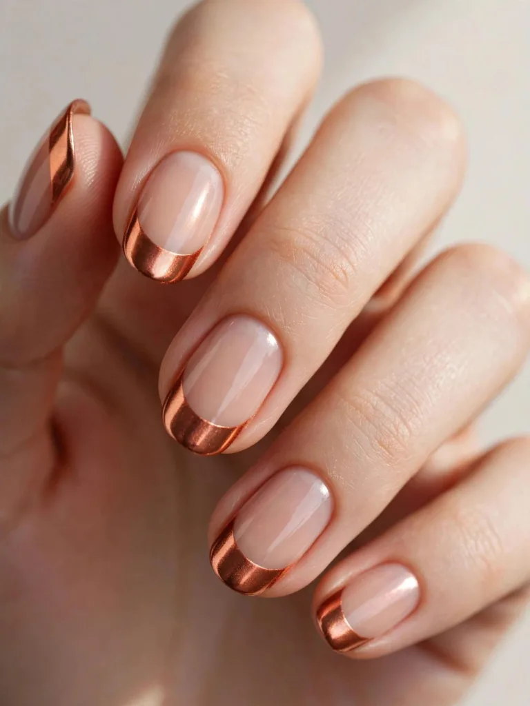 Copper chrome French tip nails catching window light