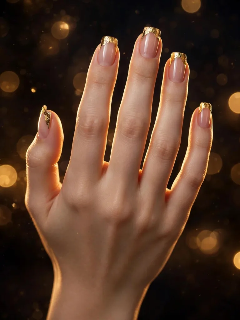 Gold foil French tip nails with a warm bokeh background
