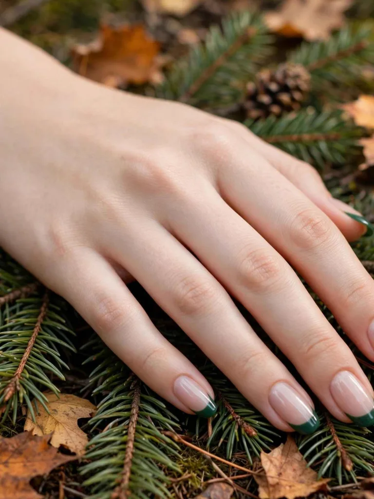 Forest green French tip nails over a sheer neutral base, hand resting among pine branches