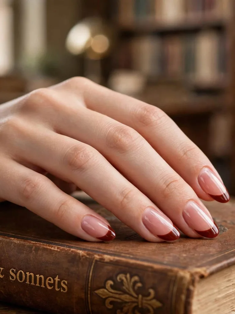 Mahogany red-brown French tip nails over a sheer warm-pink base, hand on a vintage book