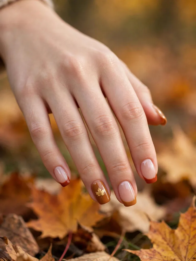 Rust and caramel French tip nails with a tiny gold maple leaf accent on the ring fingernail