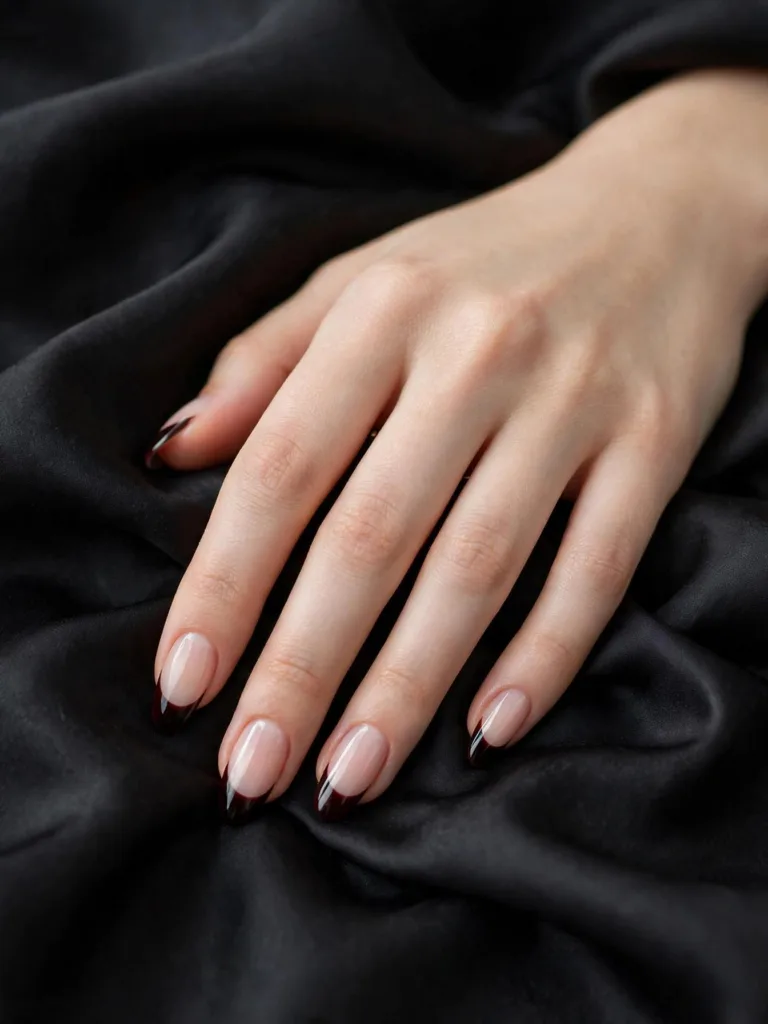 Black cherry French tip nails with deep glossy tips draped over black silk