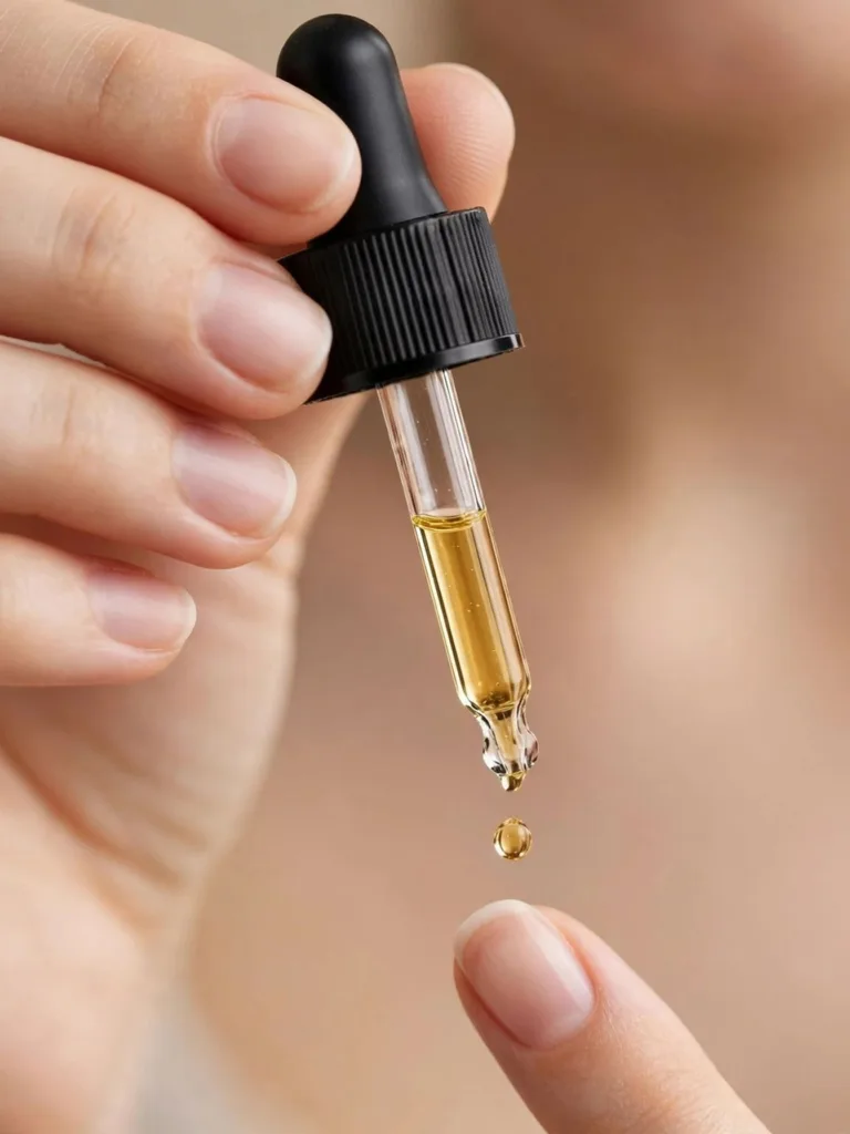 Glass cuticle-oil dropper held in the air, a golden drop falling from the pipette tip toward a neat French-tip fingernail.