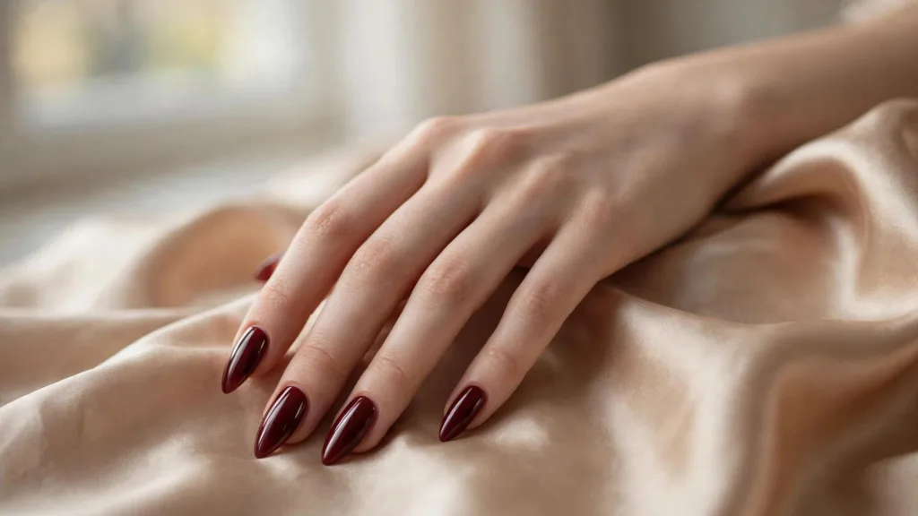 Fall nails classy and elegant: elegant hand with glossy burgundy almond nails resting on warm silk