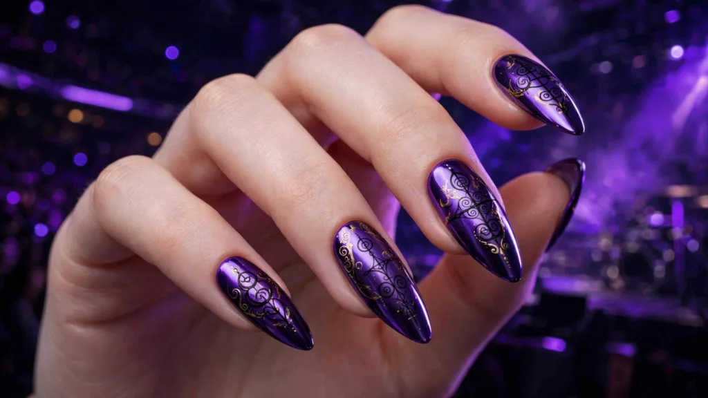 Kpop demon hunters nails with purple chrome and gold demon sigils on almond nails