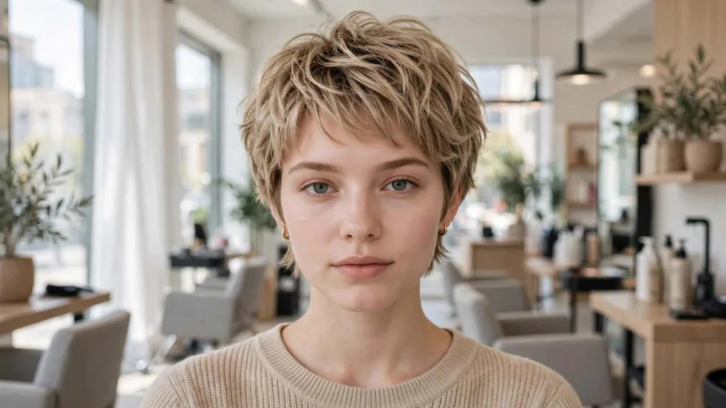 Bixie haircut with textured layers and a short nape in a bright salon