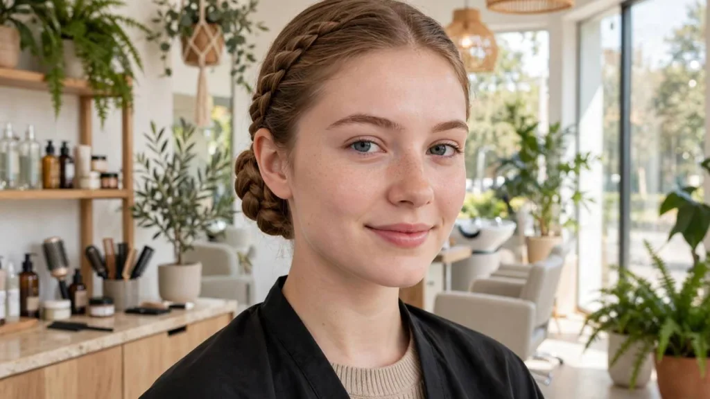 Braided bun hairstyles with a smooth low braided bun in a bright salon
