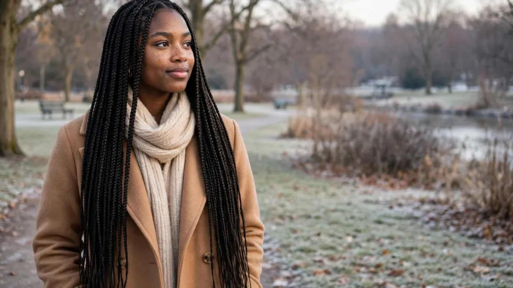 Winter hairstyles for black women: long knotless braids worn with a camel coat and knit scarf in a winter park.