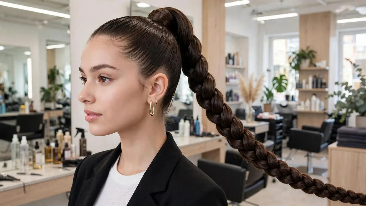Woman wearing braided ponytail hairstyles with a long sleek high braided ponytail.