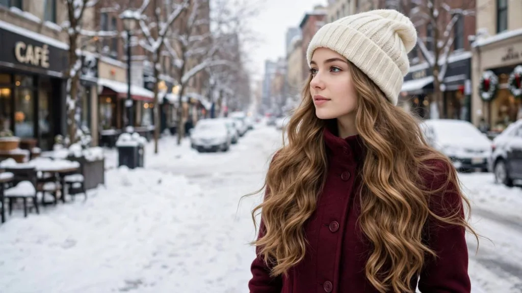 Woman wearing a cream knit beanie with long soft winter hairstyles waves on a snowy street.